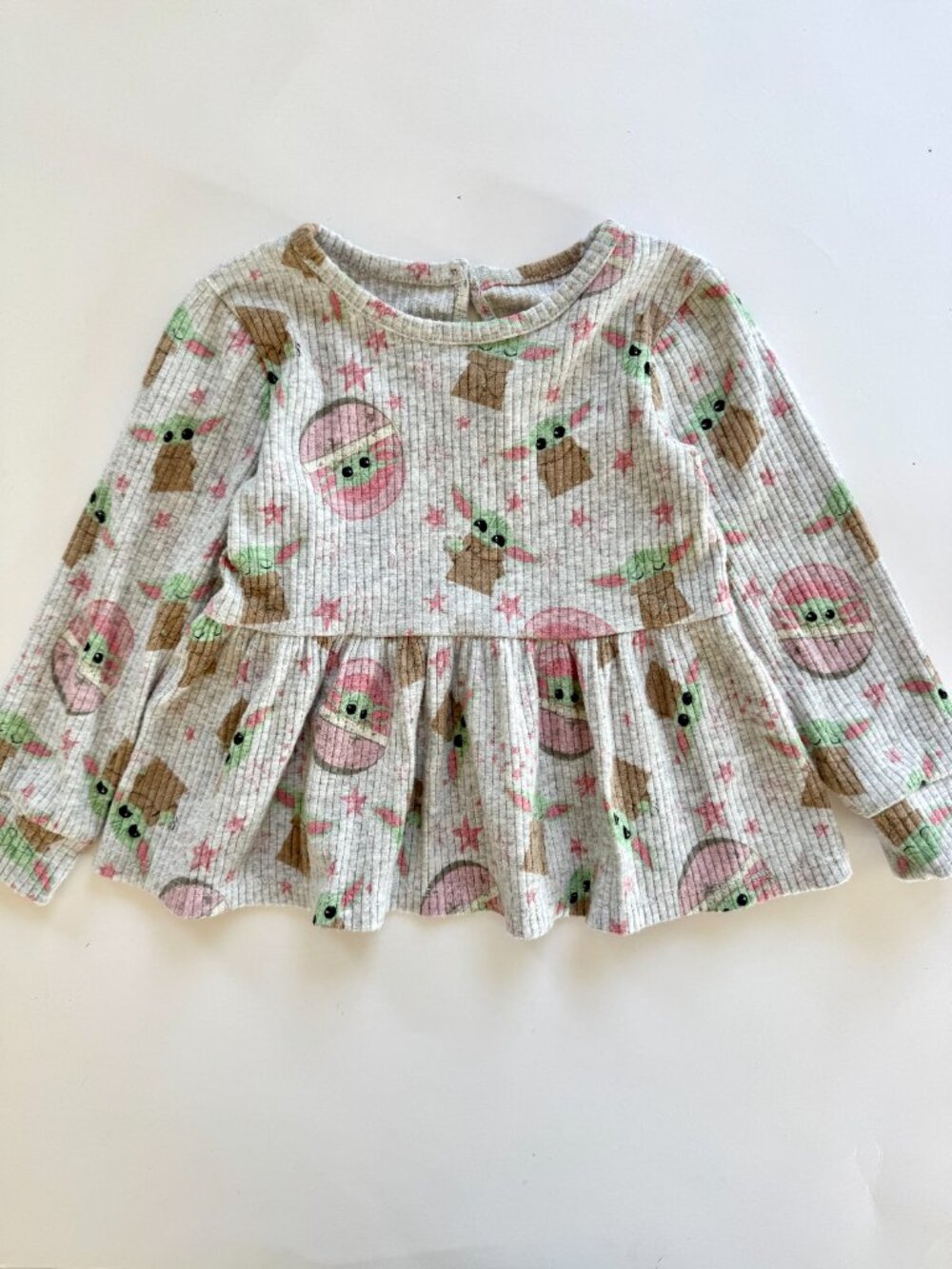Star Wars Grogu Baby Yoda Ribbed Peplum Long Sleeve Top Girls 24M Gray Pink